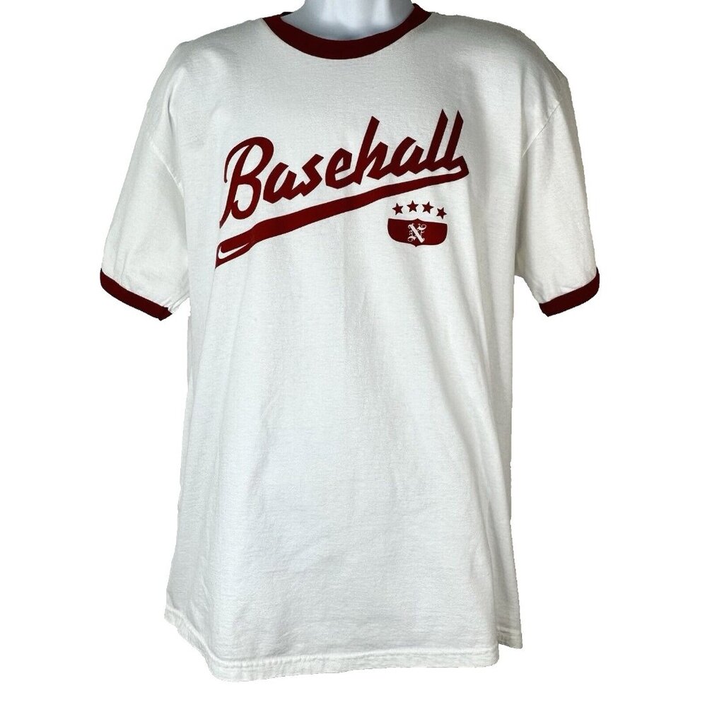 Vtg Men's Nike Baseball Ringer T-shirt Y2K White With Red Trim And Lettering XL